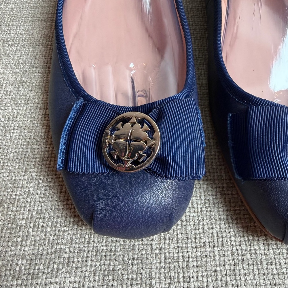 Kate Spade Navy Blue Ballet Flats Round Toe Work Office Leather Bow Party Size 9 - Picture 3 of 10
